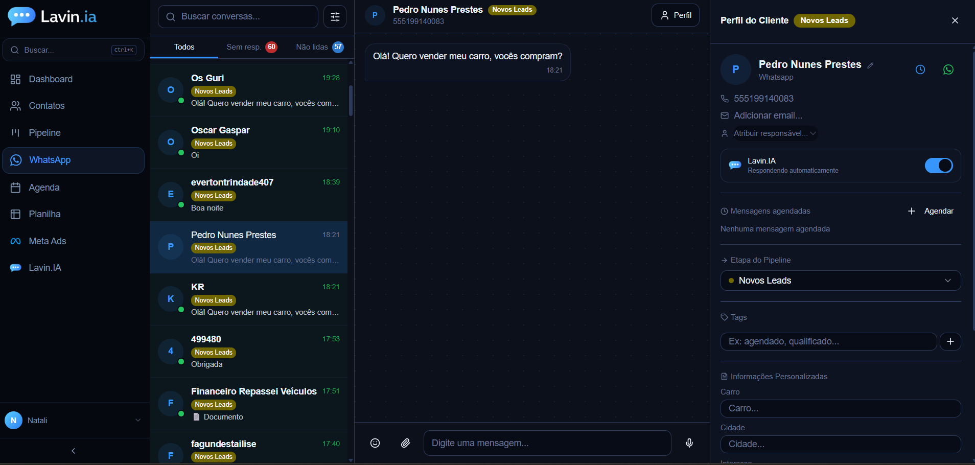 CRM Lavin.IA — Pipeline visual com leads organizados