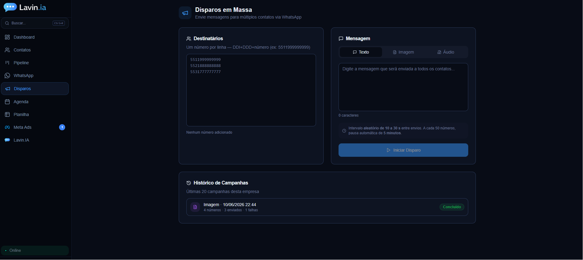 Disparo de mensagens em massa e envios agendados