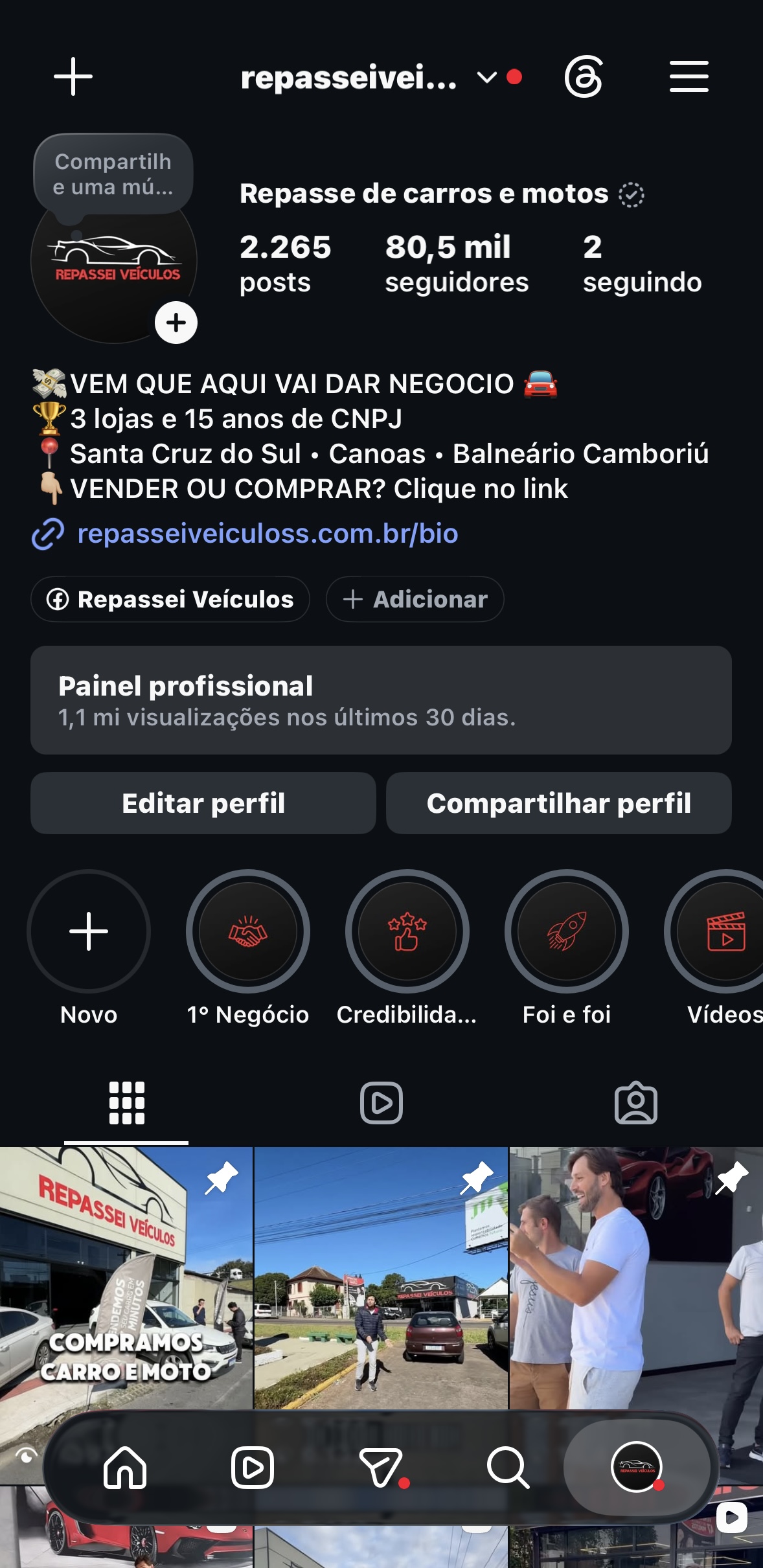 Perfil da Repassei Veículos no Instagram